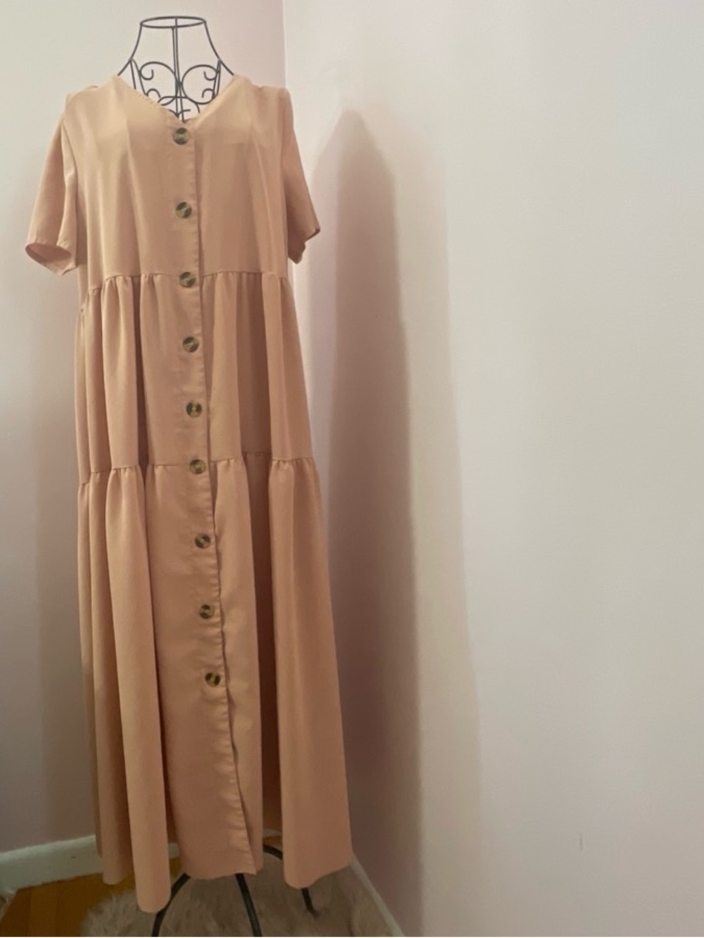 SHEIN Beige Button-Front Tiered Maxi Dress